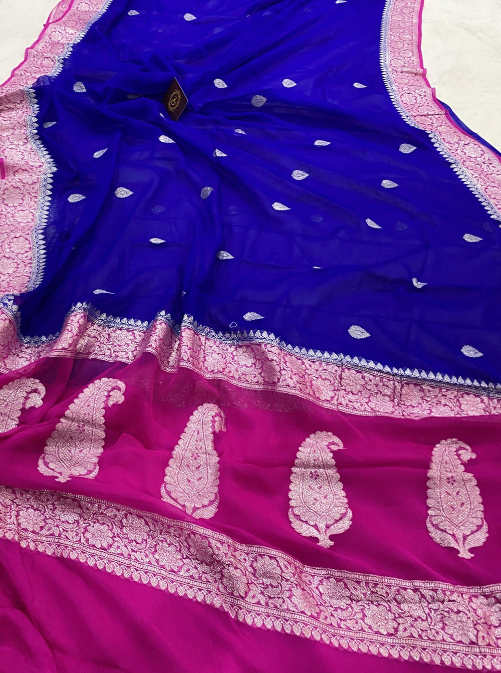 Blue Banarasi Handloom Pure Georgette Silk Saree - Aura Benaras