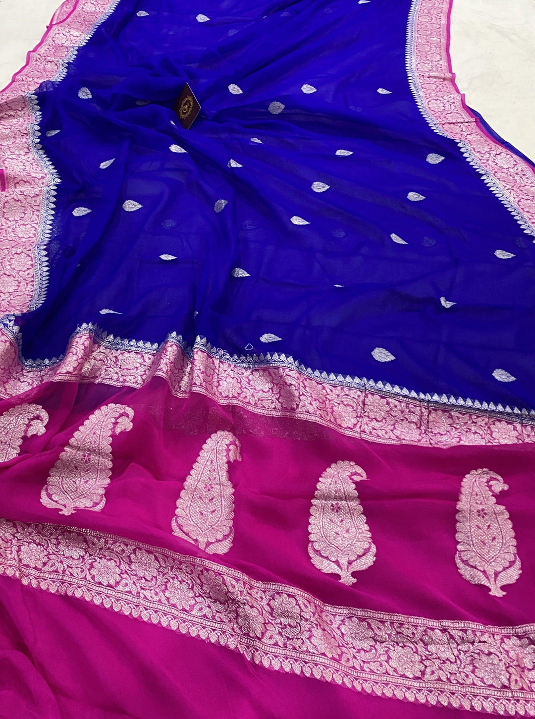 Blue Banarasi Handloom Pure Georgette Silk Saree - Aura Benaras