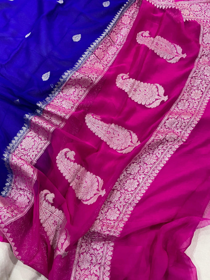 Blue Banarasi Handloom Pure Georgette Silk Saree - Aura Benaras