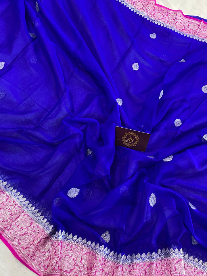 Blue Banarasi Handloom Pure Georgette Silk Saree - Aura Benaras