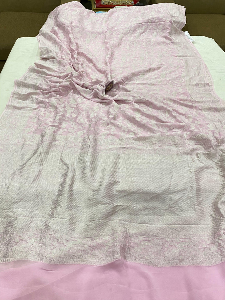 Pale pink Pure Khaddi Georgette Banarasi Handloom Saree - Aura Benaras