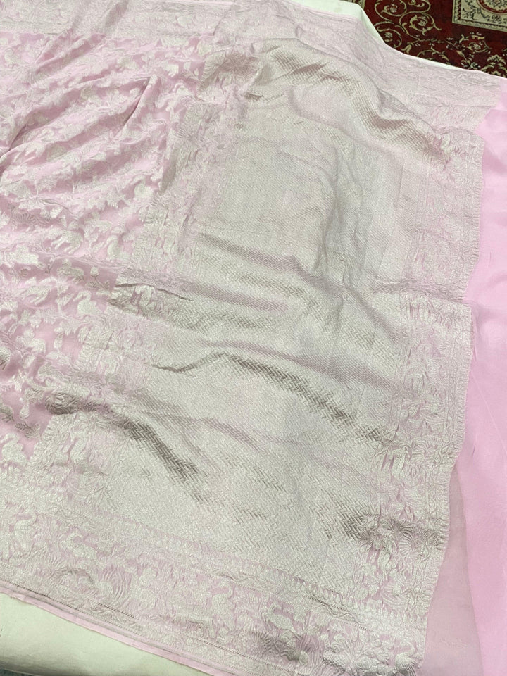 Pale pink Pure Khaddi Georgette Banarasi Handloom Saree - Aura Benaras