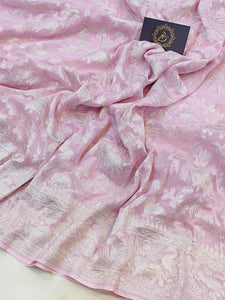 Pale pink Pure Khaddi Georgette Banarasi Handloom Saree - Aura Benaras