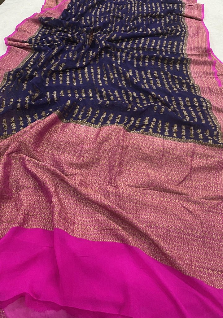 Navy Blue Banarasi Handloom Pure Georgette Silk Saree - Aura Benaras