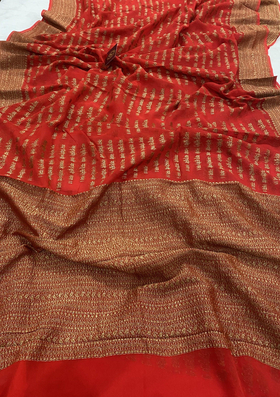 Red Banarasi Handloom Pure Georgette Silk Saree - Aura Benaras