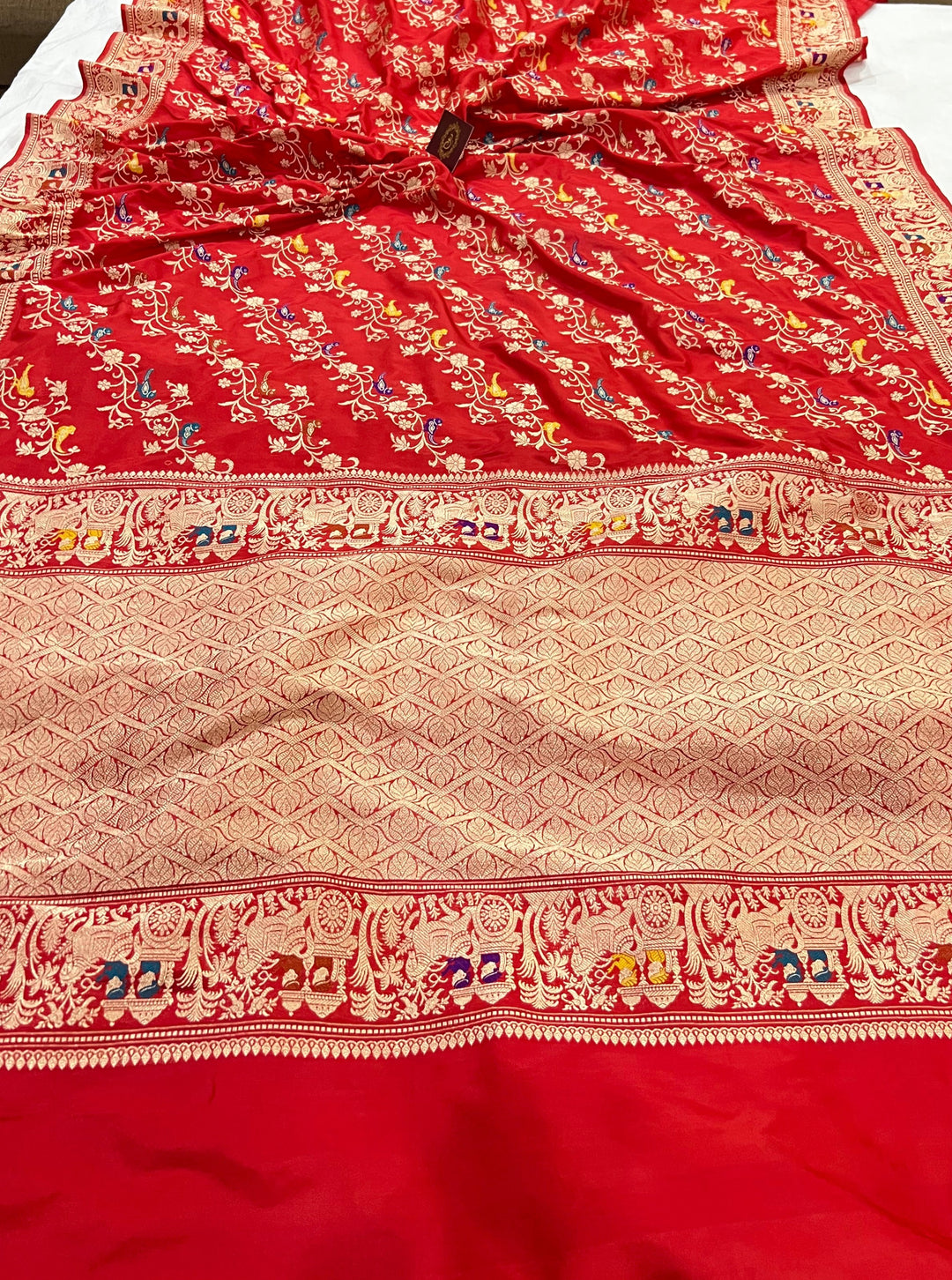 Red Jaal Pure Banarasi Handlloom Katan Silk Saree - Aura Benaras