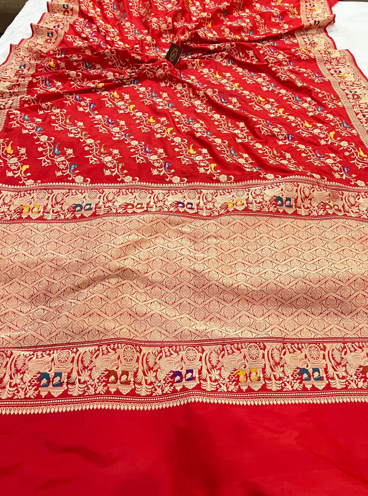 Red Jaal Pure Banarasi Handlloom Katan Silk Saree - Aura Benaras