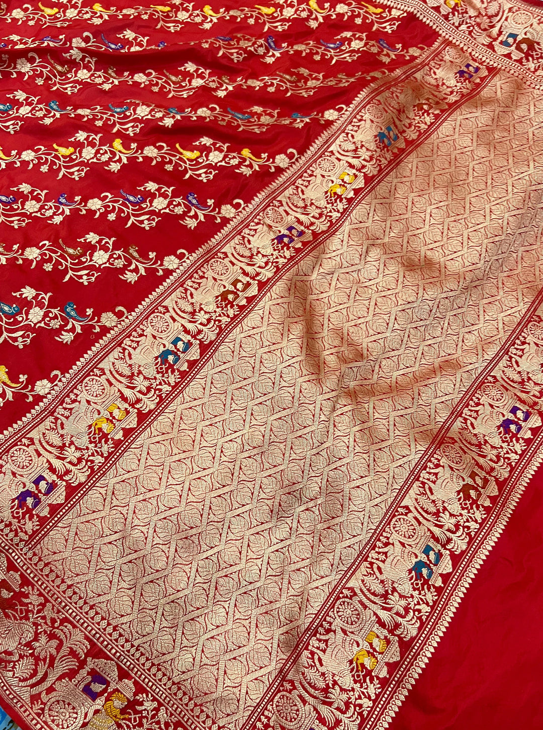Red Jaal Pure Banarasi Handlloom Katan Silk Saree - Aura Benaras