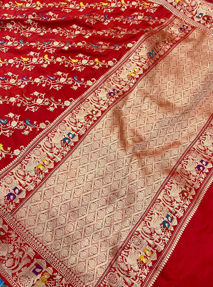 Red Jaal Pure Banarasi Handlloom Katan Silk Saree - Aura Benaras