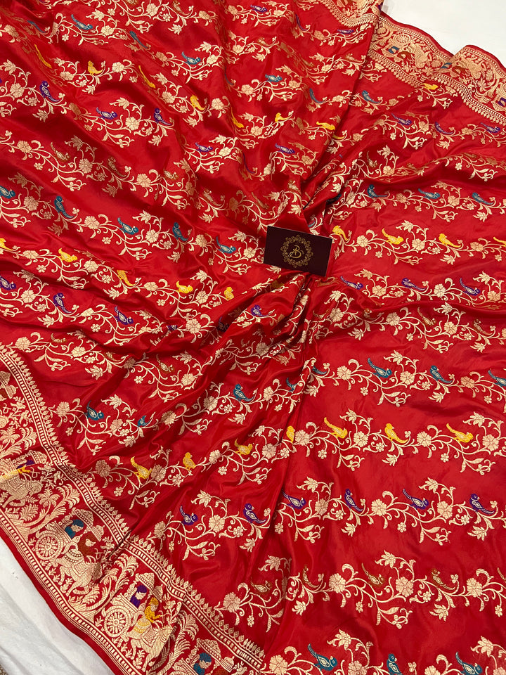 Red Jaal Pure Banarasi Handlloom Katan Silk Saree - Aura Benaras