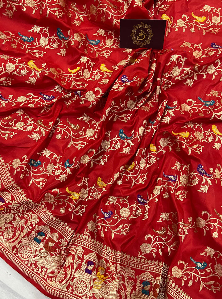 Red Jaal Pure Banarasi Handlloom Katan Silk Saree - Aura Benaras