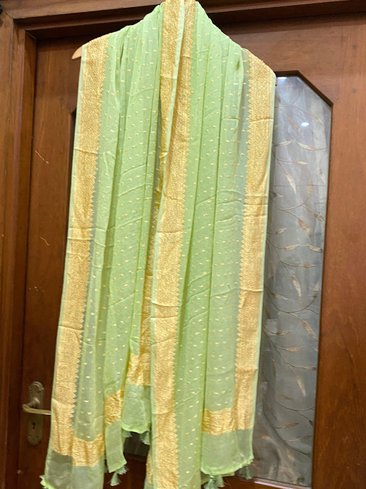Pista Green Pure Banarasi Khaddi Chiffon Dupatta - Aura Benaras