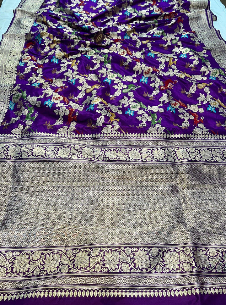 Purple Kadwa Jaal Pure Banarasi Handlloom Katan Silk Saree - Aura Benaras