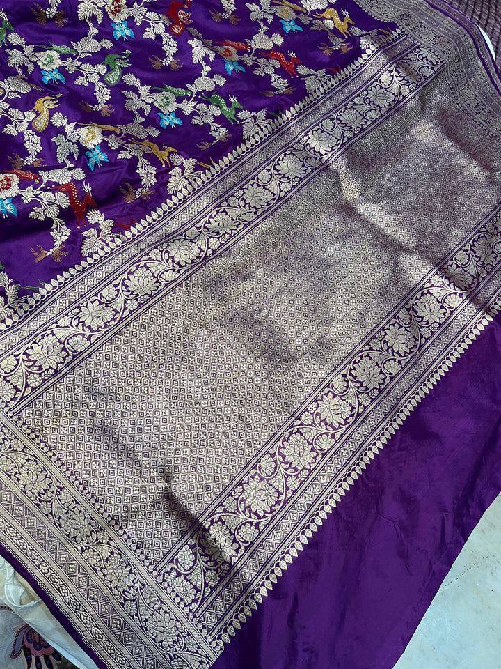 Purple Kadwa Jaal Pure Banarasi Handlloom Katan Silk Saree - Aura Benaras