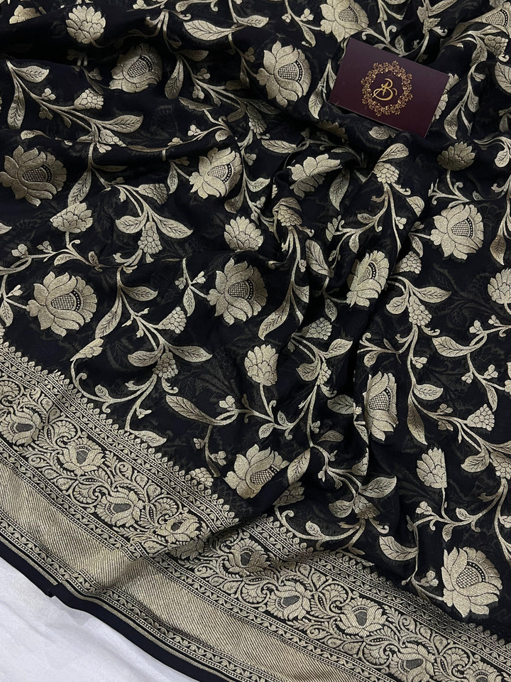 Black Khaddi Georgette Banarasi Handloom Saree - Aura Benaras