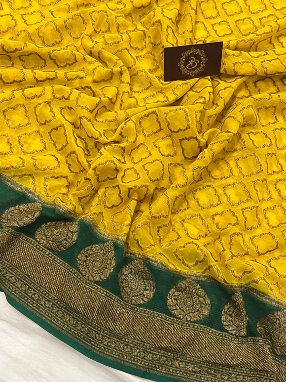 Yellow-Rama Khaddi Georgette Banarasi Handloom Saree - Aura Benaras