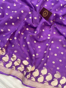 Lavender Khaddi Georgette Banarasi Handloom Saree - Aura Benaras