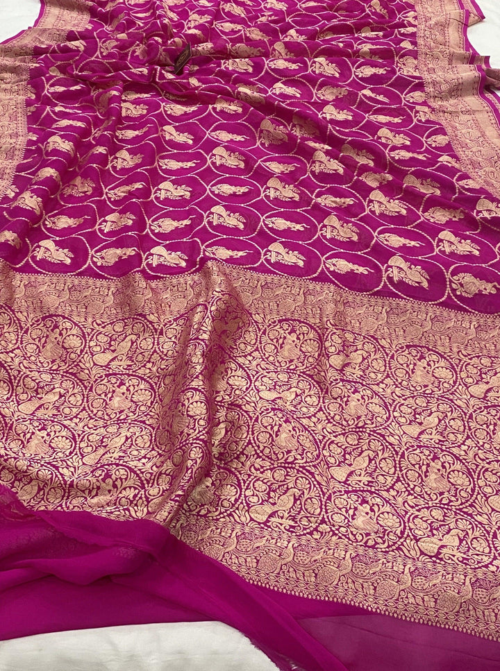 Hot Pink Banarasi Pure Khaddi Georgette Saree - Aura Benaras