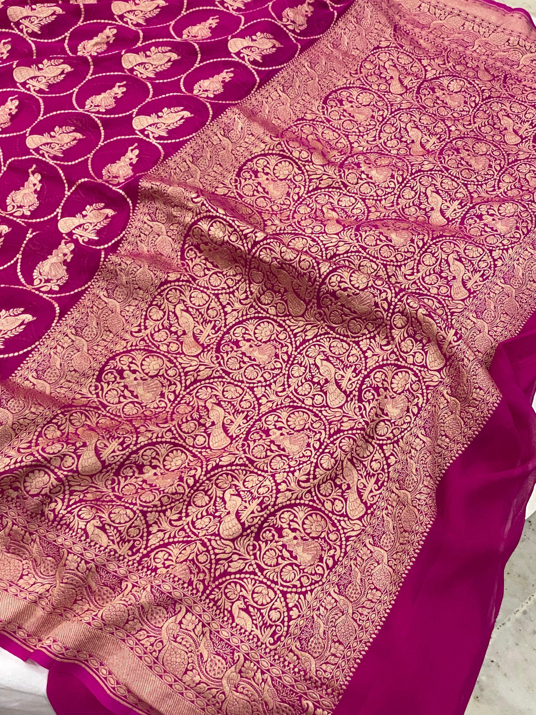 Hot Pink Banarasi Pure Khaddi Georgette Saree - Aura Benaras