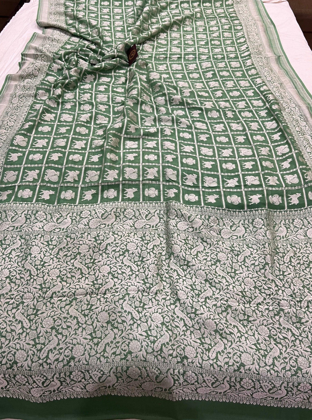 Greyish Green Khaddi Georgette Banarasi Handloom Saree - Aura Benaras