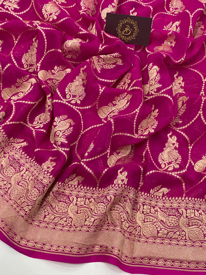 Hot Pink Banarasi Pure Khaddi Georgette Saree - Aura Benaras