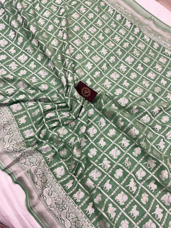 Greyish Green Khaddi Georgette Banarasi Handloom Saree - Aura Benaras