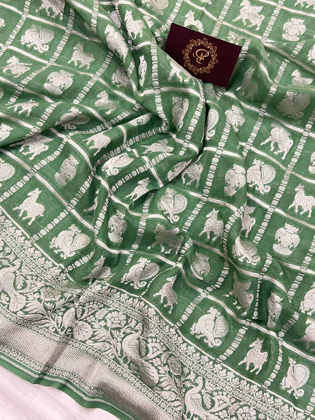 Greyish Green Khaddi Georgette Banarasi Handloom Saree - Aura Benaras