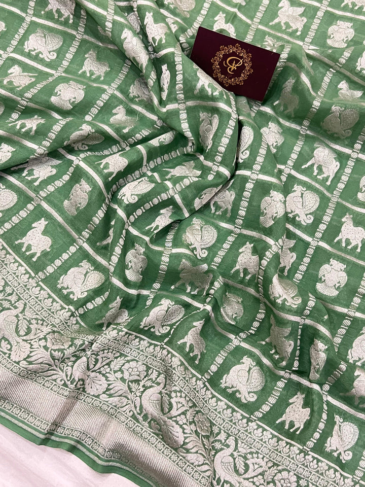 Greyish Green Khaddi Georgette Banarasi Handloom Saree - Aura Benaras