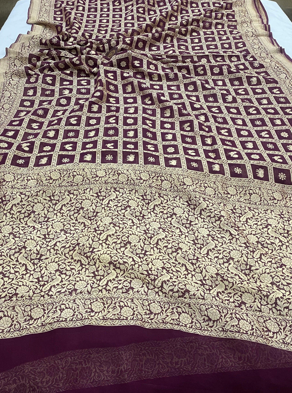 Wine Banarasi Pure Khaddi Georgette Saree - Aura Benaras