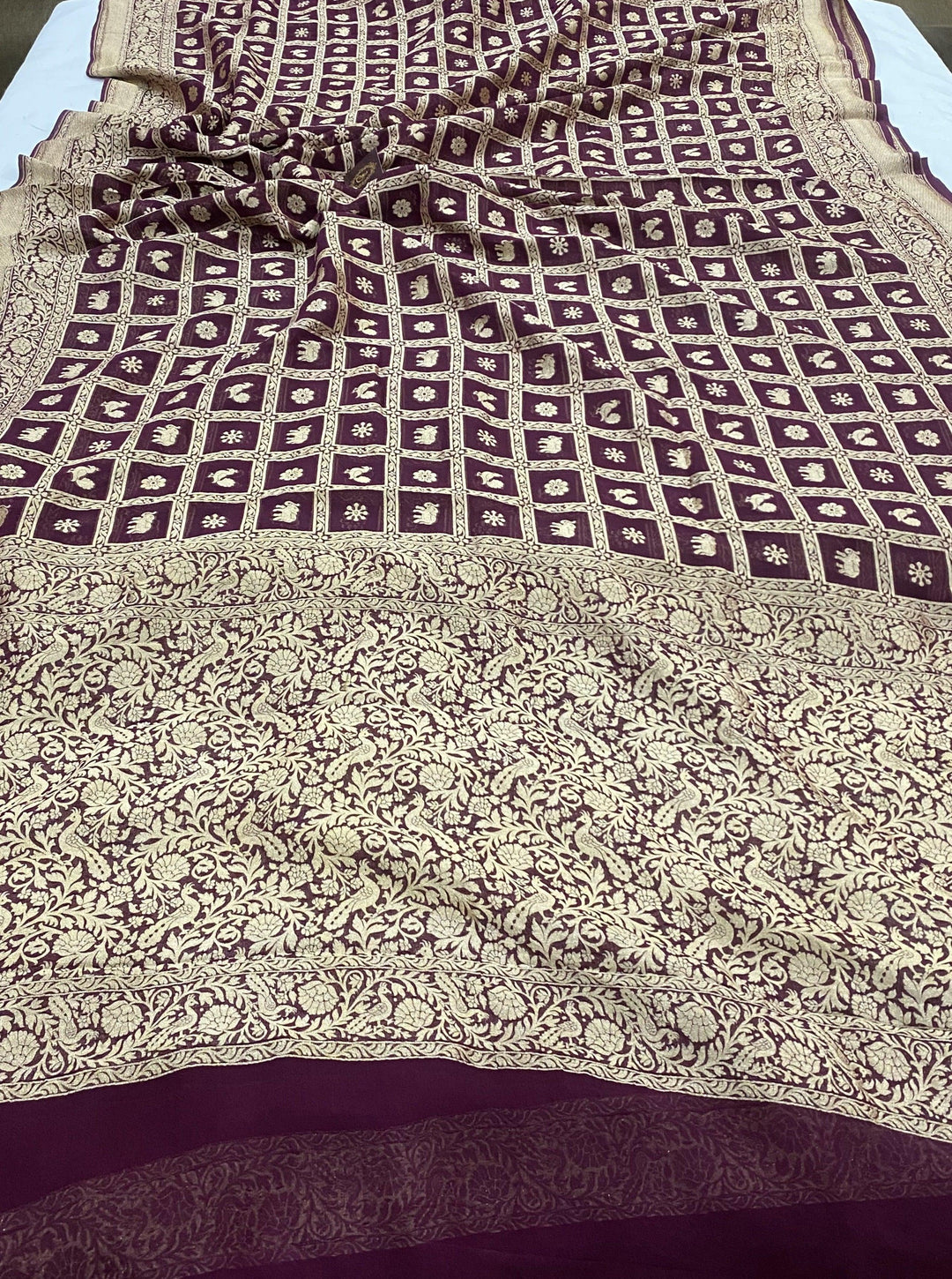 Wine Banarasi Pure Khaddi Georgette Saree - Aura Benaras