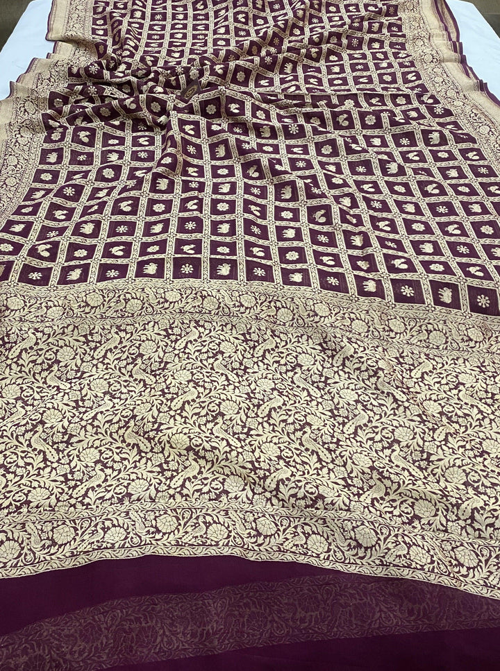 Wine Banarasi Pure Khaddi Georgette Saree - Aura Benaras