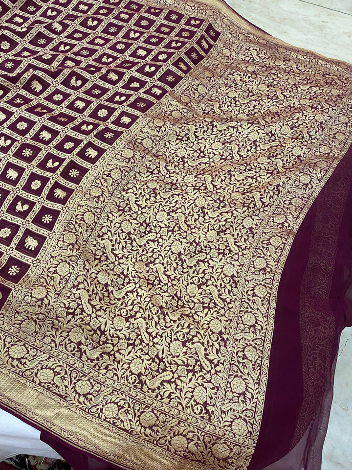Wine Banarasi Pure Khaddi Georgette Saree - Aura Benaras