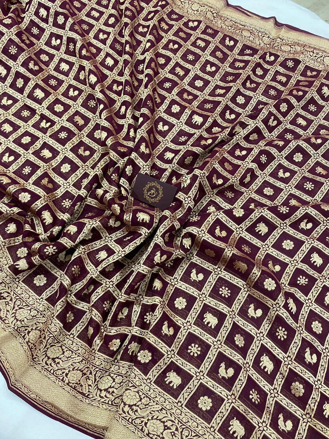 Wine Banarasi Pure Khaddi Georgette Saree - Aura Benaras