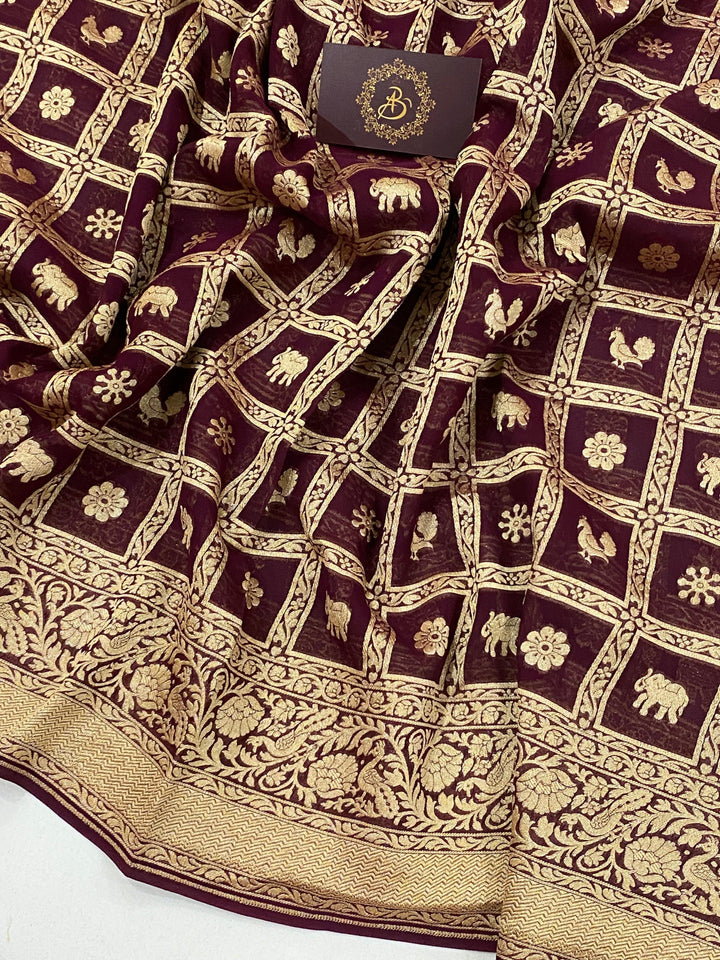 Wine Banarasi Pure Khaddi Georgette Saree - Aura Benaras