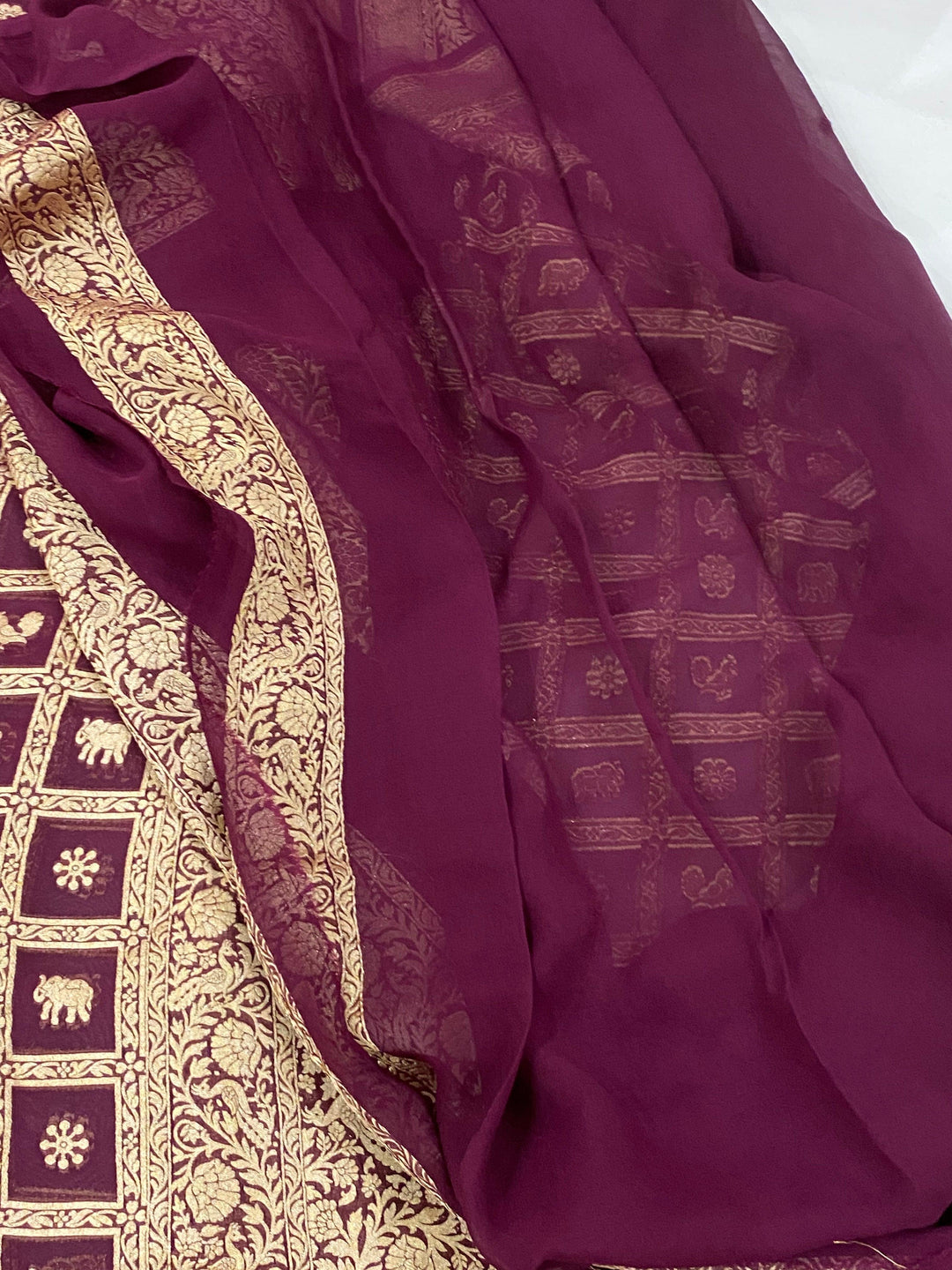 Wine Banarasi Pure Khaddi Georgette Saree - Aura Benaras