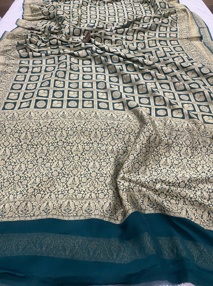 Bottle green Banarasi Pure Khaddi Georgette Saree - Aura Benaras