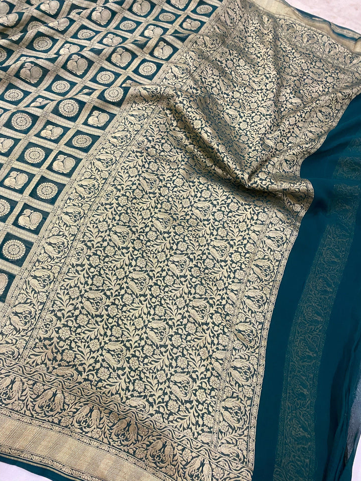 Bottle green Banarasi Pure Khaddi Georgette Saree - Aura Benaras