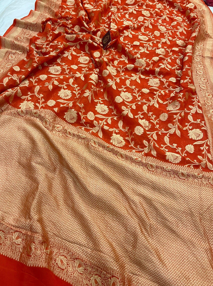 Orange Khaddi Georgette Banarasi Handloom Saree - Aura Benaras