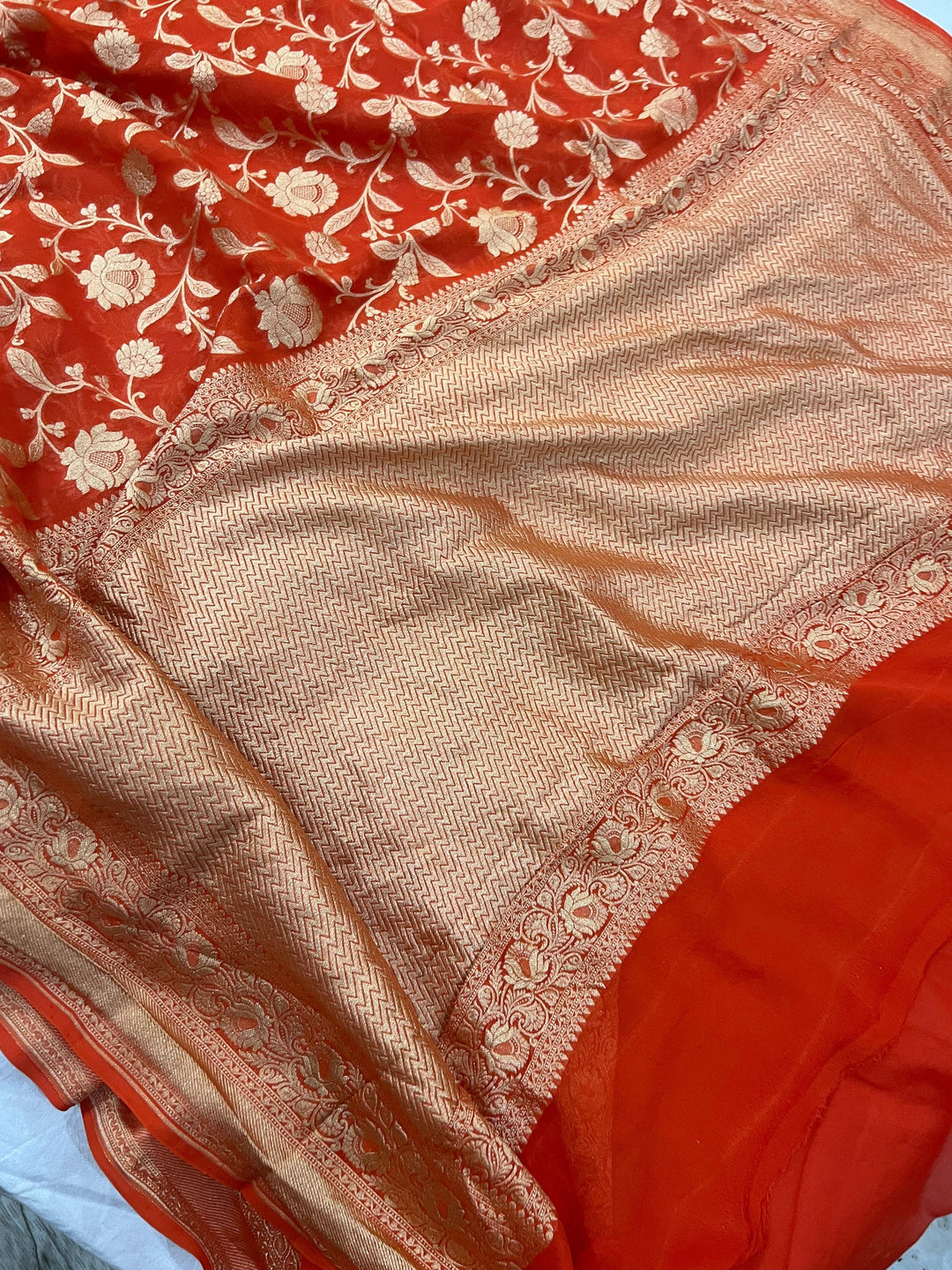 Red Khaddi Georgette Banarasi Handloom Saree - Aura Benaras