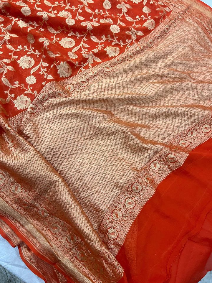 Red Khaddi Georgette Banarasi Handloom Saree - Aura Benaras