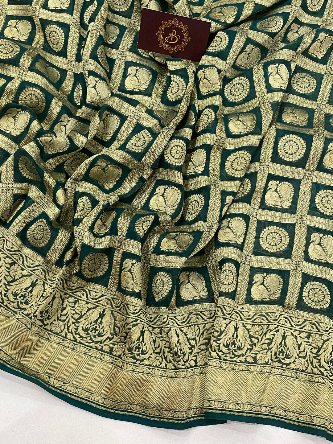 Bottle green Banarasi Pure Khaddi Georgette Saree - Aura Benaras