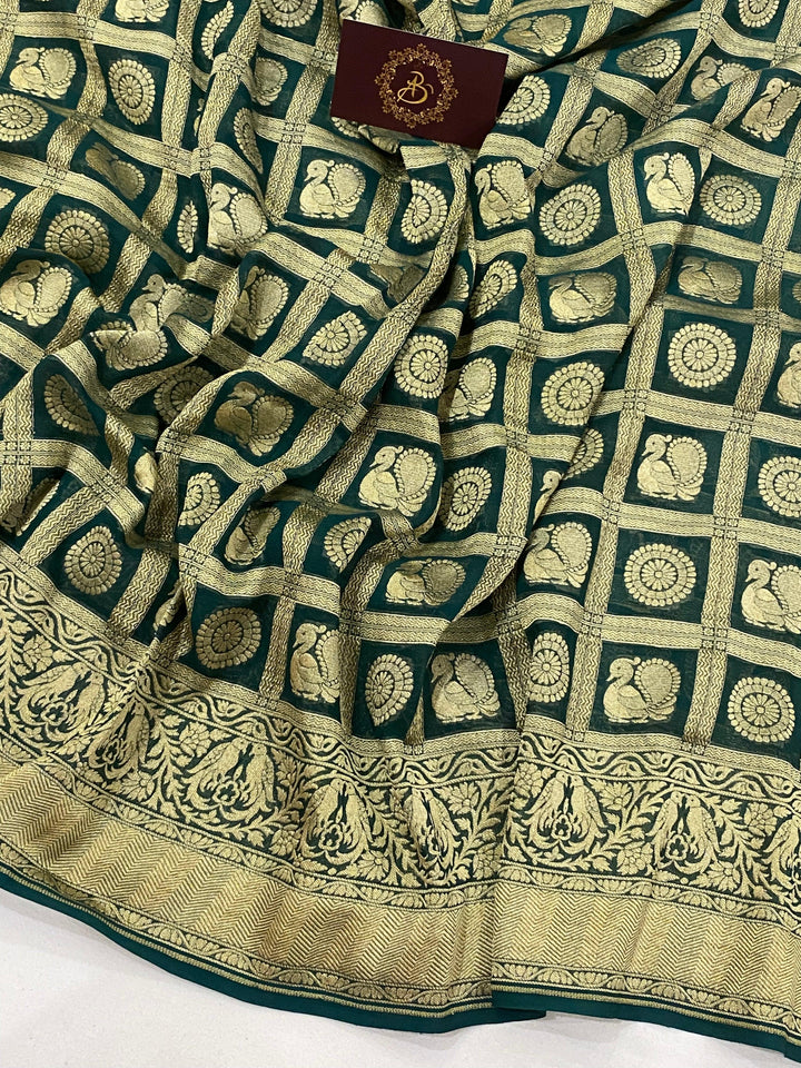 Bottle green Banarasi Pure Khaddi Georgette Saree - Aura Benaras