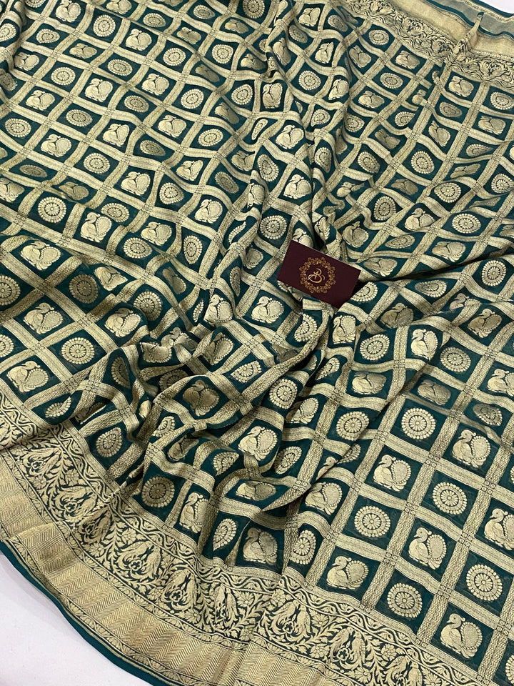 Bottle green Banarasi Pure Khaddi Georgette Saree - Aura Benaras