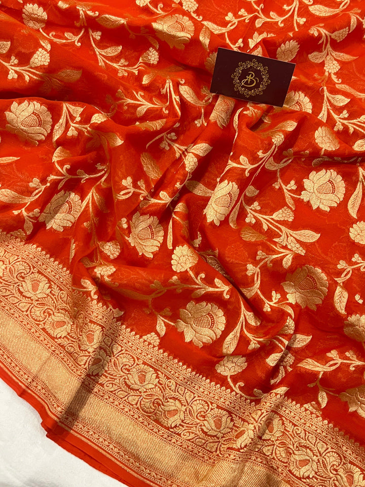 Orange Khaddi Georgette Banarasi Handloom Saree - Aura Benaras