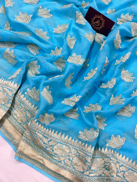 Firozi Blue Pure Banarasi Khaddi Georgette Saree - Aura Benaras