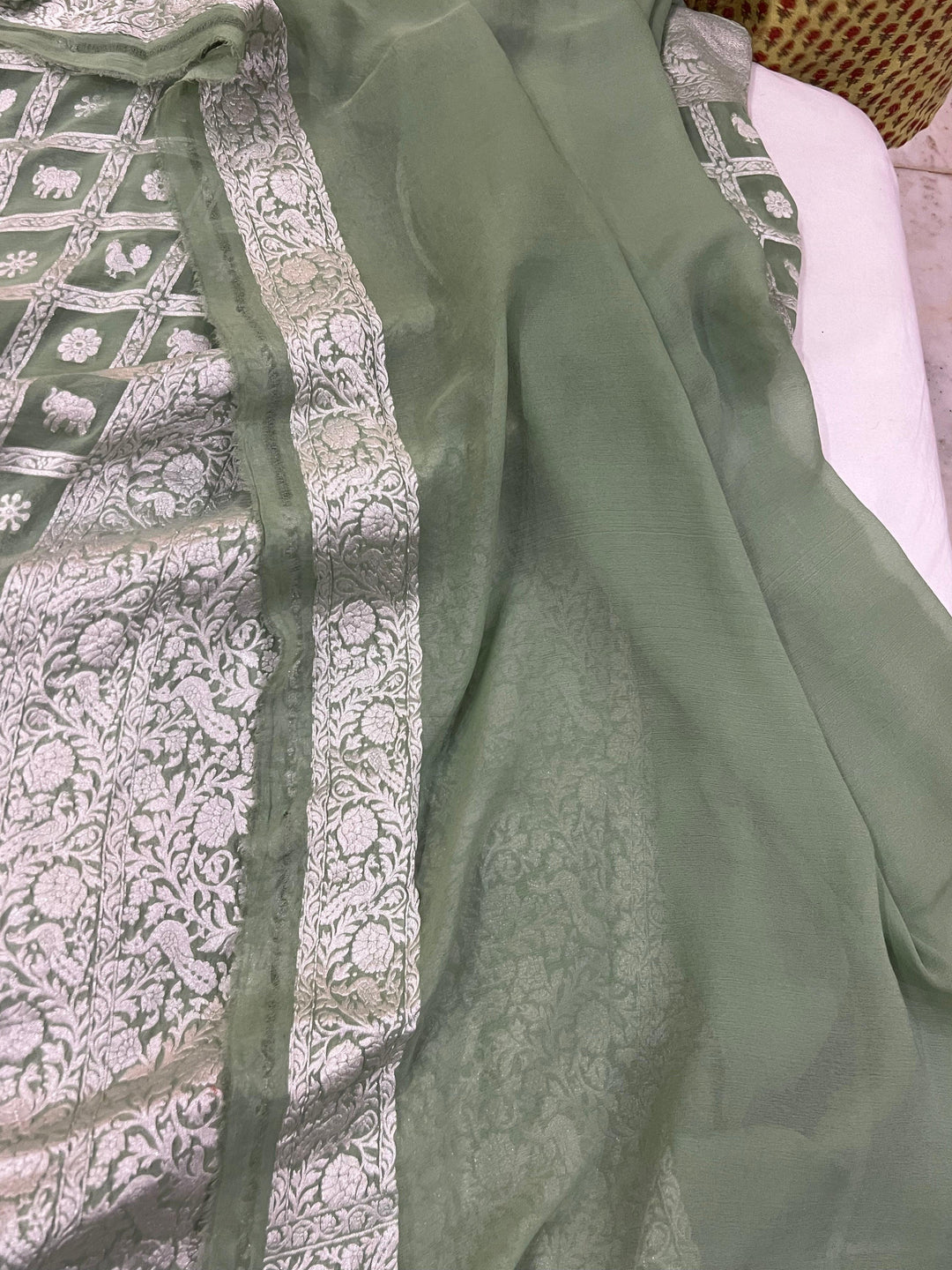 Greyish Green Khaddi Georgette Banarasi Handloom Saree - Aura Benaras