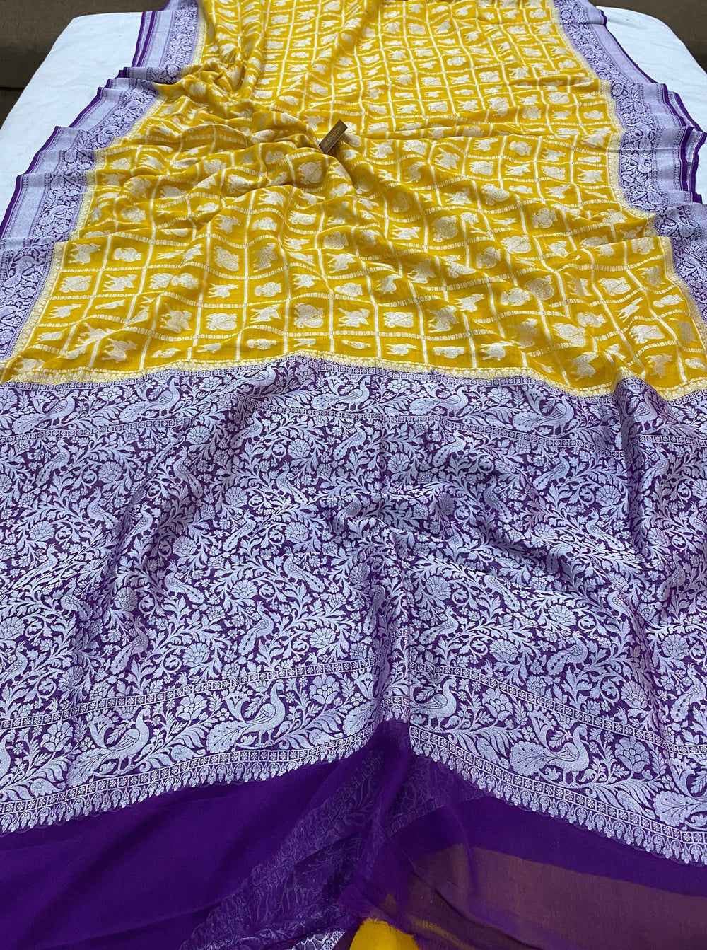 Yellow Pure Banarasi Khaddi Georgette Saree - Aura Benaras