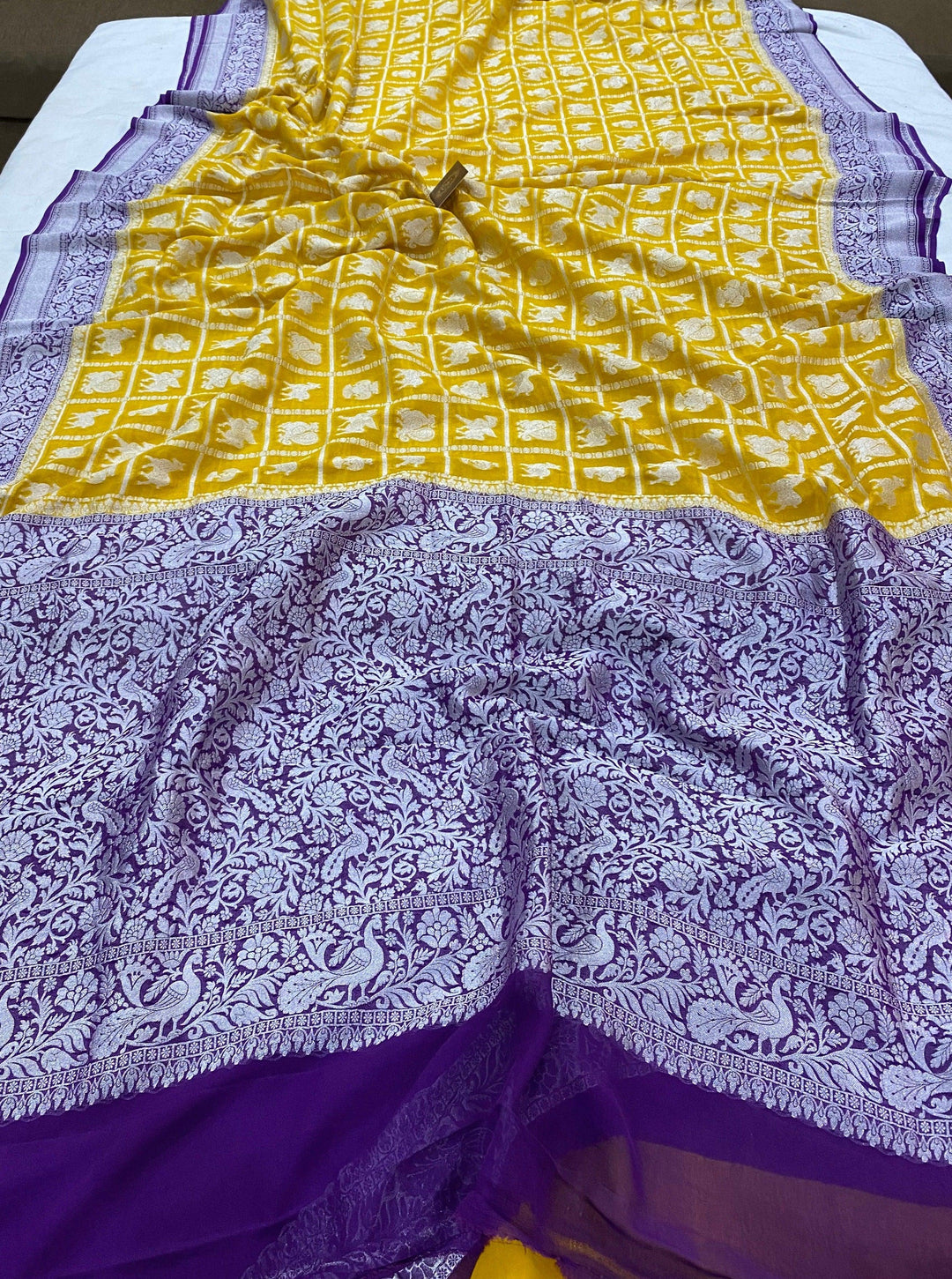 Yellow Pure Banarasi Khaddi Georgette Saree - Aura Benaras