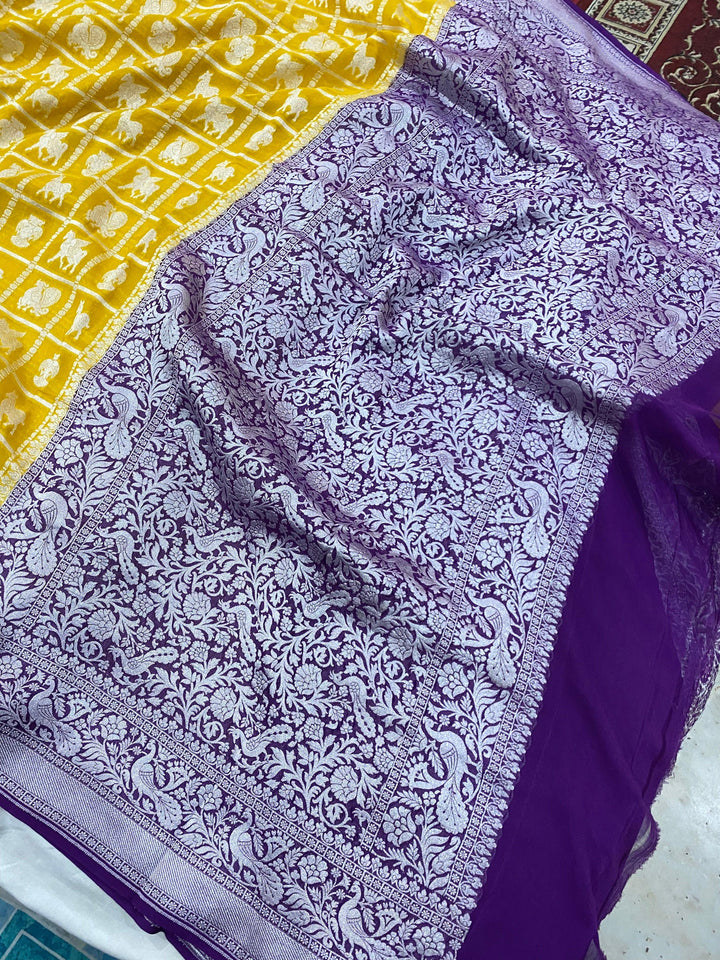 Yellow Pure Banarasi Khaddi Georgette Saree - Aura Benaras