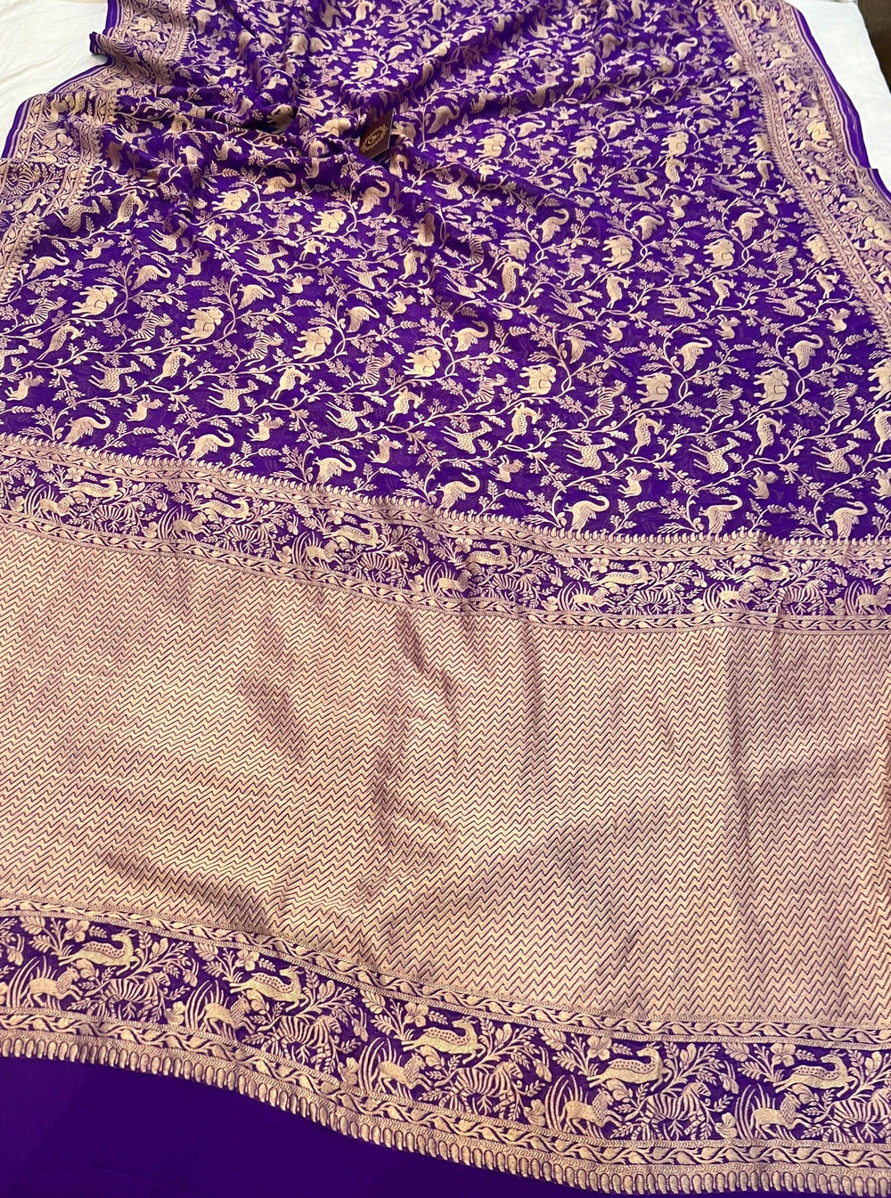 Royal Blue Khaddi Georgette Banarasi Handloom Saree - Aura Benaras